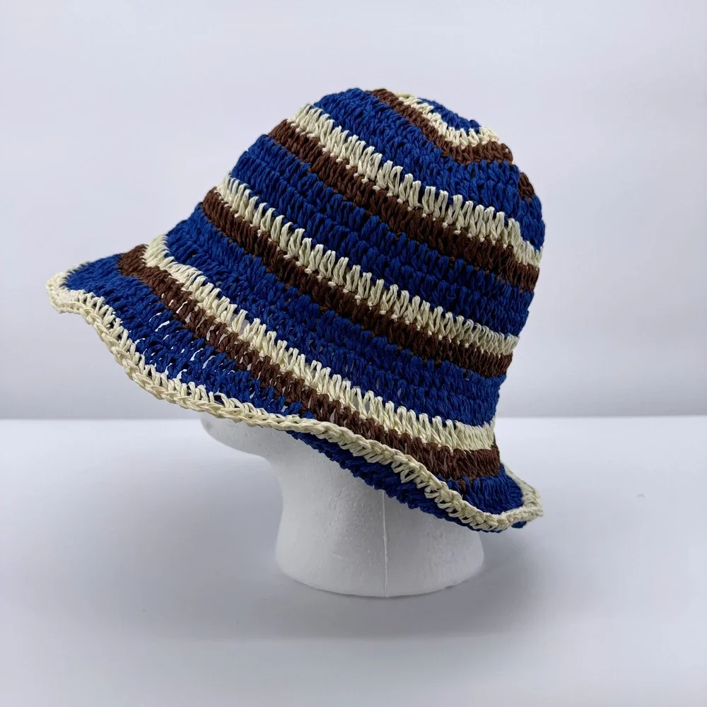 Timeless Basic Striped Straw Bucket Hat Womens OS Blue Brown Crochet Sun Hat